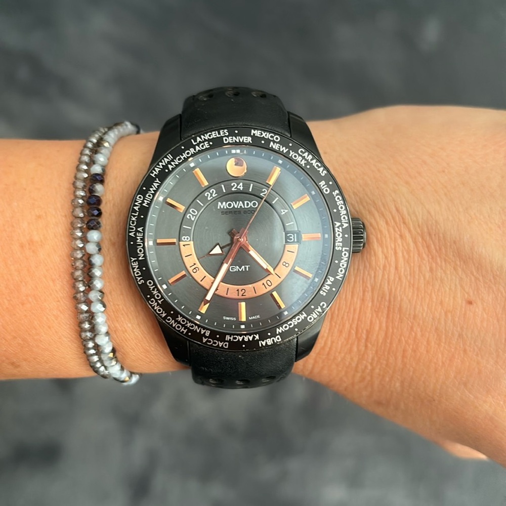 Movado Black Series 800 GMT World-Time 24 Hr Steel Watch Model 14-1-36-1207